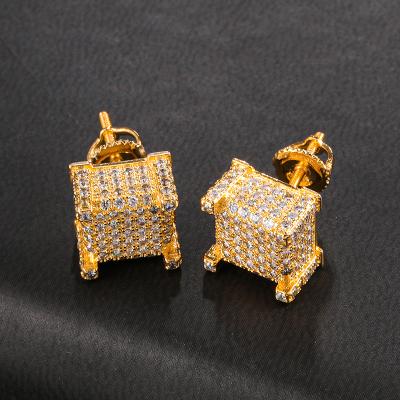 China Fast Delivery Exquisite HIP HOP Cubic Zircon Pave Square Brass Plated Earring Set Yellow Gold Stud For Unisex for sale