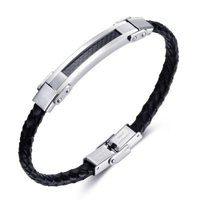 China Custom Woven Braided Bracelet CLASSIC Logo Cavity Stainless Steel Name Jewelry Leather Bracelet For Men for sale