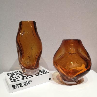 China Contemporary amber irregular bubble handcrafts creative crystal glass vases living room decoration ornaments for sale