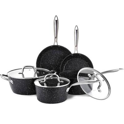 China Sustainable PFOA Free Easy To Clean All-Stove Granite Coating Suitable Cookware Set With Glass Lid Frying Pan Saucepan Cooking Pots for sale