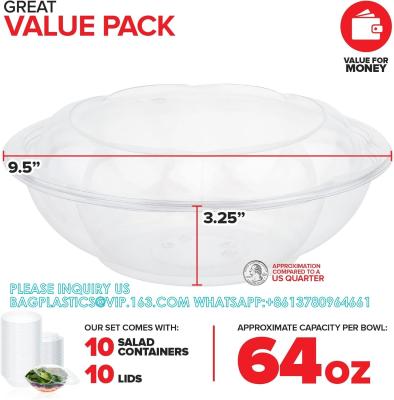 China Cuencos de ensalada de plástico transparente de 64 oz con tapas desechables (10 paquetes) Contenedor extra grande para llevar con tapa en la tapa en venta