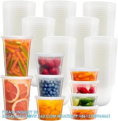 China Contenedores de merienda con tapas, tazas de merienda con tapas, 6oz, 8oz, 32oz Contenedores de almacenamiento congelador a prueba de fugas apilables en venta