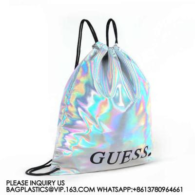 China Mochila metálica, mochila de tirador de PU suave con iris, bolsa de tirador de PU de plata, mochila de tirador de PU, bolsa de gimnasio en venta