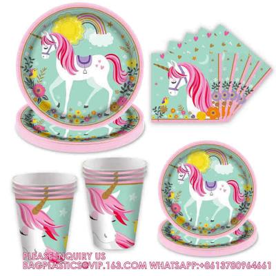 China Unicorn Party Dinnerware Plates Cup Supplies Baby Shower Disposable Tableware Set Kids Birthday Party Paper for sale