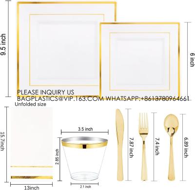 China Placas de oro de plástico - Placas de oro cuadradas desechables incluyen placas de cena Placas de postre Tazas cubiertos de plástico en venta