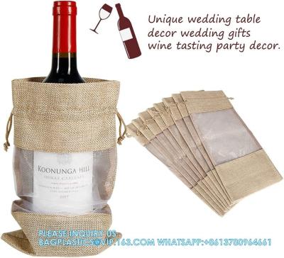 China Bolsas de vino de yute, 10pcs botellas de vino de burlap bolsas de regalo 750ml con organza de ventana transparente bolsas de regalo con cuerdas de Hessian Drawstring en venta