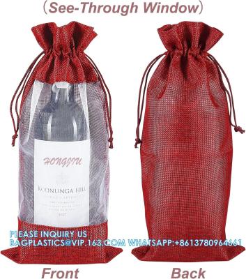 China Organza Gift Bags, Jute Red Wine Bags, Burlap Bottle Pack 750ml With Sheer Window Organza Hessian Drawstring Bags for sale