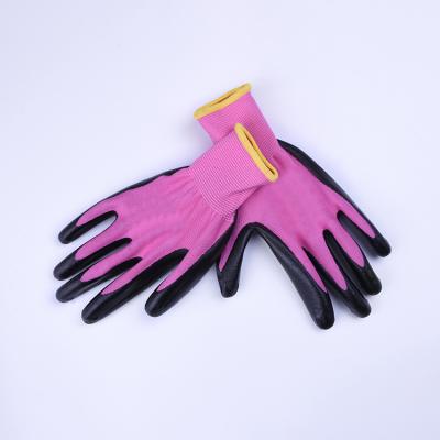 China Comfortable / Breathable 13G Polyester Gloves Nirile Coated Stronger Durable Pink 13G Nylon Black Nitrile Coated Work Gloves for sale