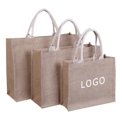 China Eco-Friendly Natural Jute Burlap Sack Reusable Canvas Beach Hessian Laminated Shopping Tote Bags With Custom Logo for sale