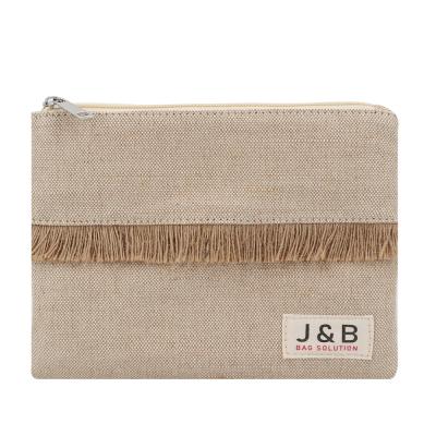 China Custom Natural Plant Cotton Jute Blend Zipper Pouch Gift Bag With Jute Fringe Lace Up Natural Eco Friendly Makeup Skincare Bags for sale