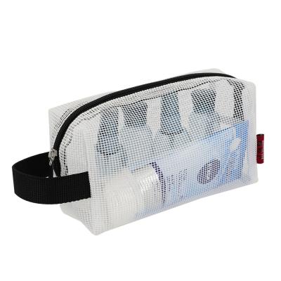 China Preppy Style Mesh Toiletry Wash Bag Portable With Customized Logo Travel Gift Mesh Zipper Private Label Makeup Bags for sale