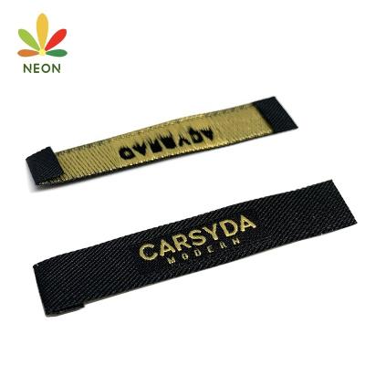 China Washable Sew On Custom Brand End Folded Gold Metallic Charm Yarn Jacquard Fabric Labels For Clothing for sale