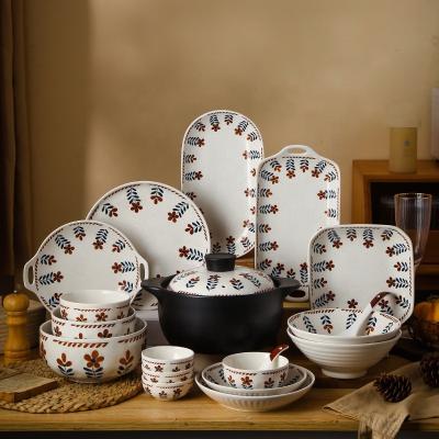 China Retro Viable Pottery Floret Ceramic Rice Bowls Set Dinnerware, Binaural Japanese Disc Dinnerware Set Gift Box Ceramic Sets for sale