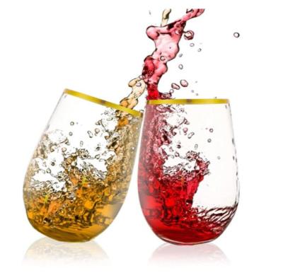 China Plastic Stemless Red PET Wine Glassware Tumbler w/Gold Rim Unbreakable Disposable Cocktail Tumbler Unbreakable Tumbler For Party for sale