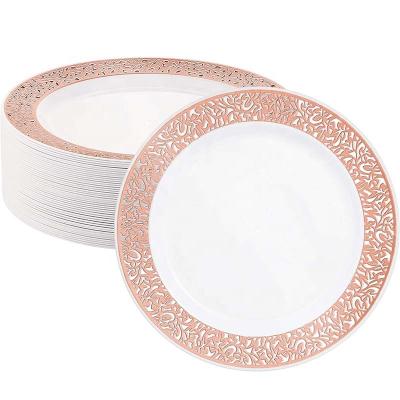 China Amazon Party Disposable Elegant Lace Tableware Sets Disposable Plastic Rose Gold Plates for sale