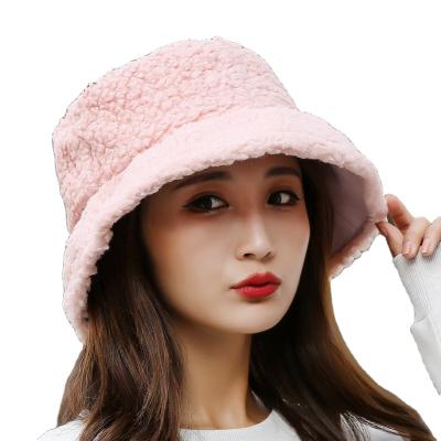 China Autumn small character lambswool bucket hat women's winter style plush bucket hat warm doubling air embroidery winter Korean fashionable face for sale