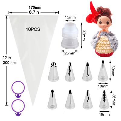 China 21pcs Viable Piping Nozzle Tips Sets Doll Skirt Seamless 304 Stainless Steel Cream Icing Tips Decorating Tube Cake Piping Baking Bags for sale