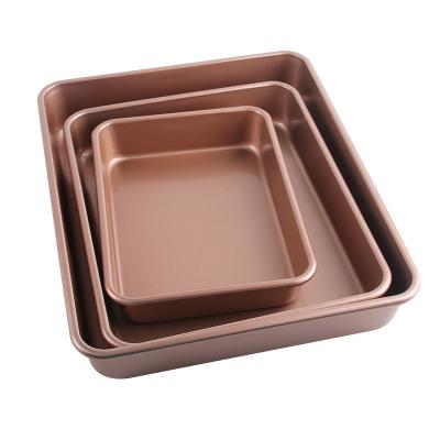 China Rose Gold Stick Kitchen Microwave Bakeware Tool Carbon Steel Cake Pan Baking Tray Rectangle Bake Pan 16.5*22*4cm No for sale