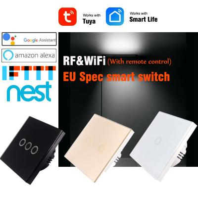 China Smart Home System Eu Switch Lamp Switch WiFi&RF433 Alexa Voice Control Touch Tuya App 10A 90-250V AC Tempered Glass Remote Control Panel for sale