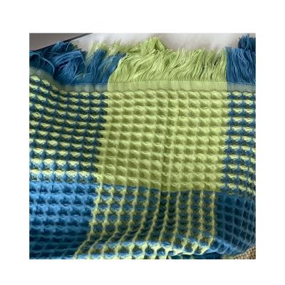 China Anti-Pull Green and Blue Good Breathability Waffle Baby Blanket Cotton, No Shrinkage and No Static Fringe 100% Cotton Waffle Blanket for sale