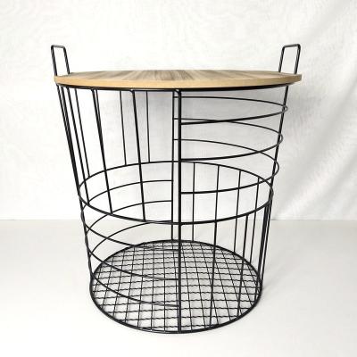 China Yulin Jiafu Home Sustainable Furniture Metal Coffee Table Wooden Top Storage Basket for sale