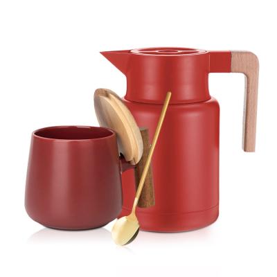 China PORTABLE Double Wall Thermos Stainless Steel Vacuum Coffee Pot With Handle Heat Preservation Wooden Water Pot for sale