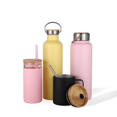 China Custom Sustainable Logo Stainless Steel Double Walled Vacuum Flask Updraft Insulated Sport Water Bottles With Bamboo Seal Lid for sale