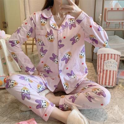 China New cartoon lapel cardigan QUICK DRY homewear women's long sleeve cotton knitted print women's sleepwear suit pajamas for sale