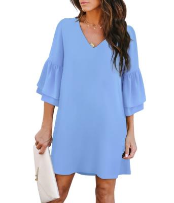 China 2022 Women's Anti-Static V-Neck Bell Sleeve Shift Dress Sweet And Cute Dress Mini Dress for sale