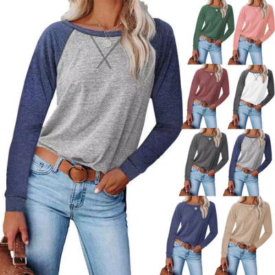 China Wholesale Fashion Casual Tees Long Sleeve Cotton Polyester Anti-Wrinkle In-Stock Sleeve Color Block Shirt Stitches Women Crewneck T-shirt for sale