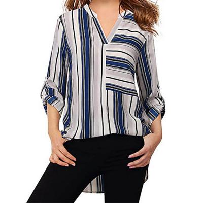 China 2022 Fashion Ladies Clothing Long Sleeve V-Neck Blue Striped Anti-pilling Shirt Plus Size Women's Blouse And Shirts Tops for sale