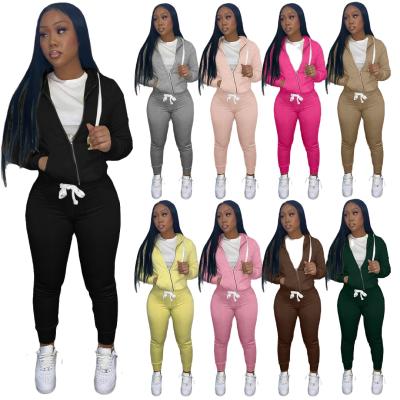 China 2021 Drop Lady Solid Color Long Sleeve Zipper Hoodie Gym Jogger 2 Pant Set Breathable Casual Two-Piece Tracksuit For Women Clothing for sale