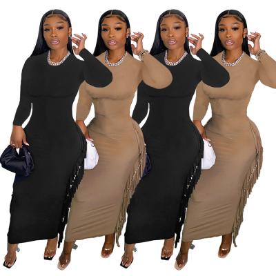 China Breathable Black Elegant O-Neck Winter Drop Sleeve Solid Color Tassel Club Party Bodycon Dresses 2021 Lady Long Sleeve For Women Dress for sale