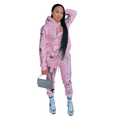 China Wholesale Customized 2021 Winter Casual Women Streetwear Hoodie 2 Pants Trousers Two Piece Set Floral Print Breathable Sweatpants Hoodies for sale