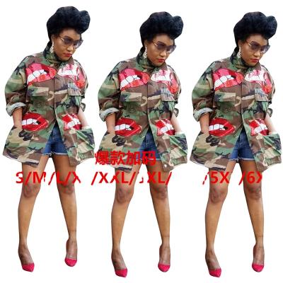 China Plus Size 6xl Fall 2021 Fashion Lady Camouflage Long Sleeve Sequin Lips Big Zipper Loose Coat Jacket For Fat Women Clothing for sale