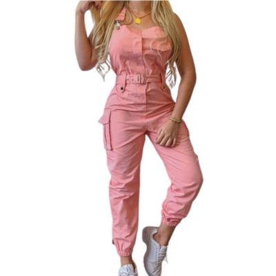 China Breathable Overalls For Women 2021 One Piece Rompers Overalls Pants 1 Casual Solid Sleeveless Cargo Pockets 3D Waistband Bodycon High Waist for sale