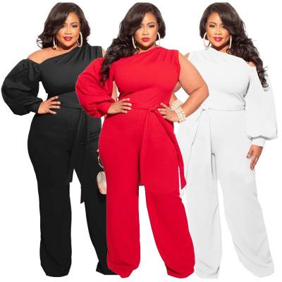 China 2021 Solid Color Ladies Womens Drop Leg One Piece Fitness 1 Piece Wide Leg Overalls Breathable Long Sleeve One Shoulder Stylish Loose Belt For Wome for sale