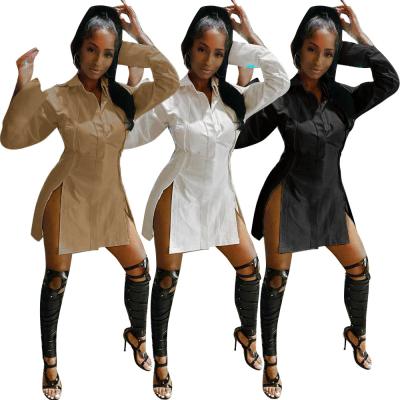 China 2021 fashion lady's fashion fall tight short dress dot solid color button long sleeve shirt blouse high waist breathable irregular split club top for sale