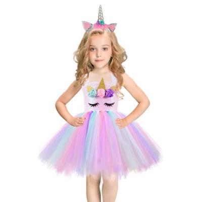 China Anti-wrinkle Kids Girls Dresses Rainbow Birthday Princess Dresses Unicorn Tutu Princess Dress With headband wings for sale