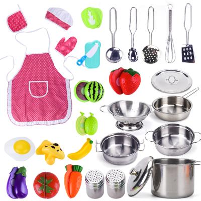 China Stainless Steel Children's Family Kitchen Cookware Pretend Play Fruits and Vegetables Stainless Steel Pot Mini Kitchen Toy Cut Set for sale