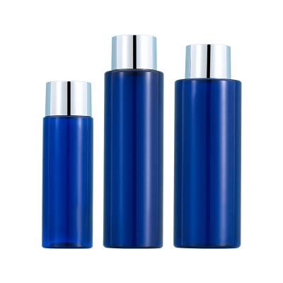 China Recycable Custom Logo 100ml 200ml 250ml PET Blue Toner Bottle With Silver Cap Cheap Cosmetic Package Container In Good Price for sale