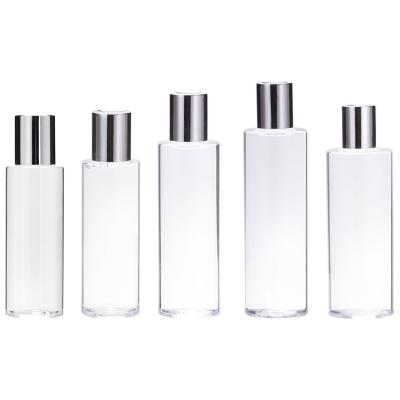 China Custom Logo 100 Square 120 150 200 250ML Shoulder Clear PET Cream Bottle Flat Bottle With Silver Cap For Small Toner Makeup Water Containers for sale