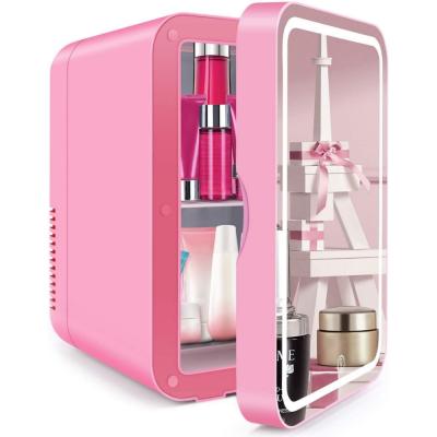 China Cheap Custom THERMOELECTRIC Mini Pink Skincare Beauty Fridge AC 12V Breast Milk Fridge With Mirror for sale