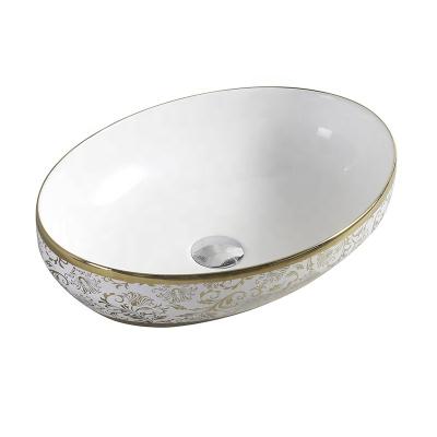 China Art Wash Basin Countertop Vessel Bathroom Sink Gold Wastafel Luxury Hotel Ceramic Gold Basin Vanity Ceramic Sink for sale