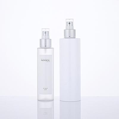 China 100ml 150ml 200ml PET Cosmetic Shoulder Toner Flat Transparent White Spray Bottle Silver Color Plated Aluminum Spray Pump Bottle for sale