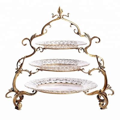 China JDSC Luxury Antique Luxury Home Decor Round Three Floor Crystal And Brass Fruit Tray for sale