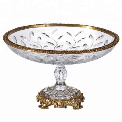 China JDSC Luxury Antique Luxury Home Decor Round Top Fruit Crystal And Brass Tray for sale