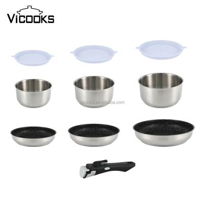 China 12 Pcs Modern Heavy Stainless Steel Cookware Set Titanium Cookware With Detachable Handle for sale