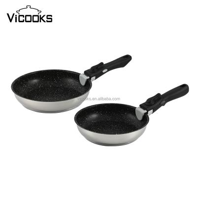 China General Use For Gas And Induction Cooker Stainless Steel Frying Pan 2 Holes Peter Cook Fry Pan Removable Handle Titanium Frying Pan for sale