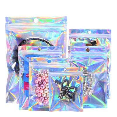 China Recyclable Custom Resealable Zipper Bag Food Grade Three Side Seal Holographic Foil Bags Flat Ziplock Bag With Hanging Hole for sale